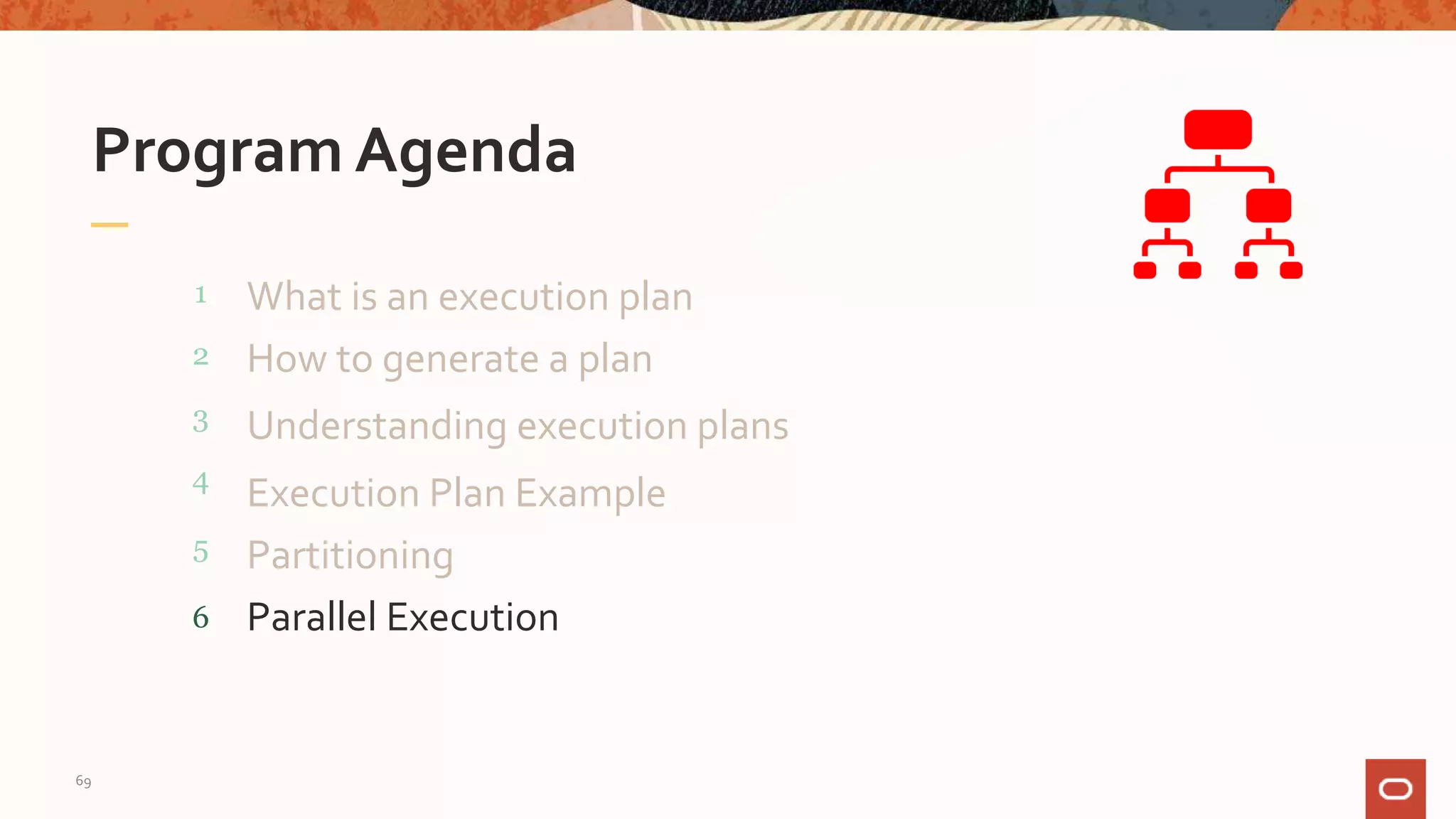 What is an execution plan
Program Agenda
1
2
3
4
How to generate a plan
69
Understanding execution plans
Execution Plan Example
5 Partitioning
6 Parallel Execution
 