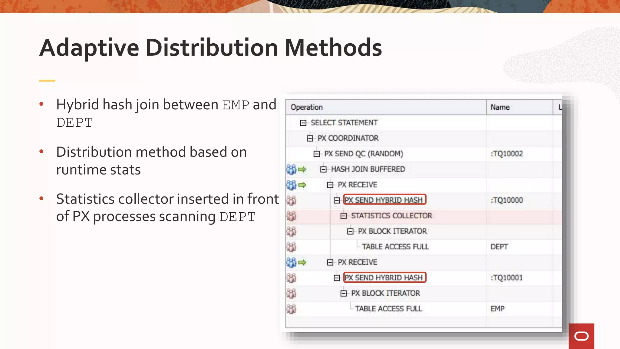 • Hybrid hash join between EMP and
DEPT
• Distribution method based on
runtime stats
• Statistics collector inserted in front
of PX processes scanning DEPT
Adaptive Distribution Methods
 