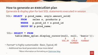 SQL> SELECT p.prod_name, avg(s.amount_sold)
FROM sales s, products p
WHERE p.prod_id = s.prod_id
GROUP BY p.prod_name;
SQL> SELECT * FROM
table(dbms_xplan.display_cursor(null, null, 'basic'));
Generate & display plan for last SQL statements executed in session
How to generate an execution plan
SQL_ID CHILD
NUMBER
FORMAT
• Format* is highly customizable - Basic ,Typical, All
– Additional low-level parameters show more detail
*More information on formatting on Optimizer blog
13
 