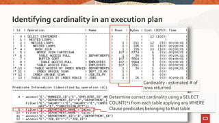 Identifying cardinality in an execution plan
Cardinality - estimated # of
rows returned
Determine correct cardinality using a SELECT
COUNT(*) from each table applying any WHERE
Clause predicates belonging to that table
 