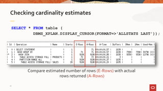 Compare estimated number of rows (E-Rows) with actual
rows returned (A-Rows)
Checking cardinality estimates
SELECT * FROM table (
DBMS_XPLAN.DISPLAY_CURSOR(FORMAT=>'ALLSTATS LAST'));
18
 