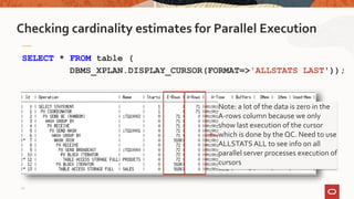 SELECT * FROM table (
DBMS_XPLAN.DISPLAY_CURSOR(FORMAT=>'ALLSTATS LAST'));
Checking cardinality estimates for Parallel Execution
Note: a lot of the data is zero in the
A-rows column because we only
show last execution of the cursor
which is done by the QC. Need to use
ALLSTATS ALL to see info on all
parallel server processes execution of
cursors
22
 