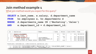 SELECT e.last_name, e.salary, d.department_name
FROM hr.employees e, hr.departments d
WHERE d.departments_name IN ('Marketing‘,'Sales')
AND e.department_id = d.department_id;
What join method would you expect for this query?
Join method example 1
 