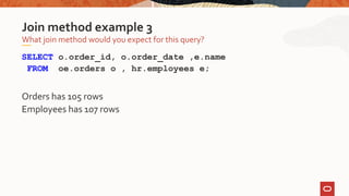SELECT o.order_id, o.order_date ,e.name
FROM oe.orders o , hr.employees e;
Orders has 105 rows
Employees has 107 rows
What join method would you expect for this query?
Join method example 3
 