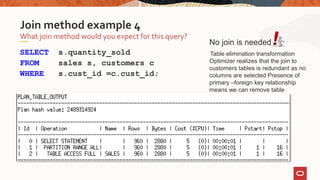 SELECT s.quantity_sold
FROM sales s, customers c
WHERE s.cust_id =c.cust_id;
What join method would you expect for this query?
Join method example 4
No join is needed
Table elimination transformation
Optimizer realizes that the join to
customers tables is redundant as no
columns are selected Presence of
primary –foreign key relationship
means we can remove table
 
