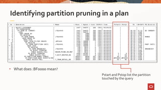 Identifying partition pruning in a plan
• What does :BF0000 mean?
Pstart and Pstop list the partition
touched by the query
 