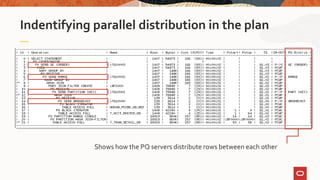 Indentifying parallel distribution in the plan
Shows how the PQ servers distribute rows between each other
 