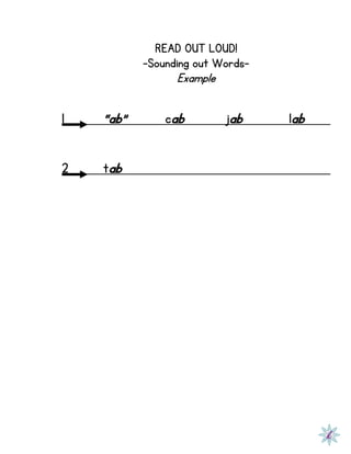 READ OUT LOUD!
-Sounding out Words-
Example
1 “ab” cab jab lab
2 tab
 