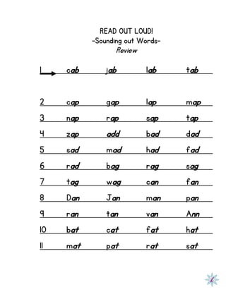 READ OUT LOUD!
-Sounding out Words-
Review
1 cab jab lab tab
2 cap gap lap map
3 nap rap sap tap
4 zap add bad dad
5 sad mad had fad
6 rad bag rag sag
7 tag wag can fan
8 Dan Jan man pan
9 ran tan van Ann
10 bat cat fat hat
11 mat pat rat sat
 