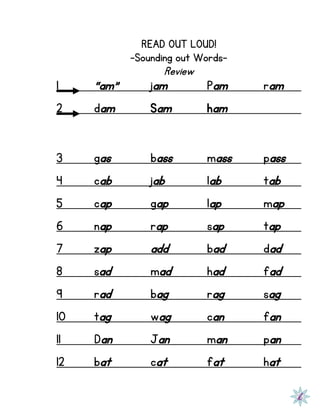 READ OUT LOUD!
-Sounding out Words-
Review
1 “am” jam Pam ram
2 dam Sam ham
3 gas bass mass pass
4 cab jab lab tab
5 cap gap lap map
6 nap rap sap tap
7 zap add bad dad
8 sad mad had fad
9 rad bag rag sag
10 tag wag can fan
11 Dan Jan man pan
12 bat cat fat hat
 