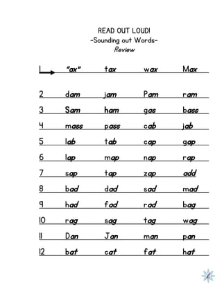 READ OUT LOUD!
-Sounding out Words-
Review
1 “ax” tax wax Max
2 dam jam Pam ram
3 Sam ham gas bass
4 mass pass cab jab
5 lab tab cap gap
6 lap map nap rap
7 sap tap zap add
8 bad dad sad mad
9 had fad rad bag
10 rag sag tag wag
11 Dan Jan man pan
12 bat cat fat hat
 
