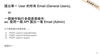 匯出單一 User 的所有 Email (General Users),
or
一個操作執行多個資源操作:
ex: 使用一個 API 匯出一堆 Email (Admin)
以下都是匯出多個資源。。。
1) POST /users/1:exportEmails
2) POST /users/1/emails:export
3) POST /users/1:export
哪個好？
更多參
閱
Ch23
15
 