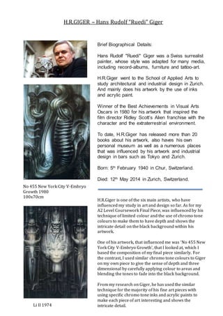 Brief Biographical Details:
Hans Rudolf "Ruedi" Giger was a Swiss surrealist
painter, whose style was adapted for many med...