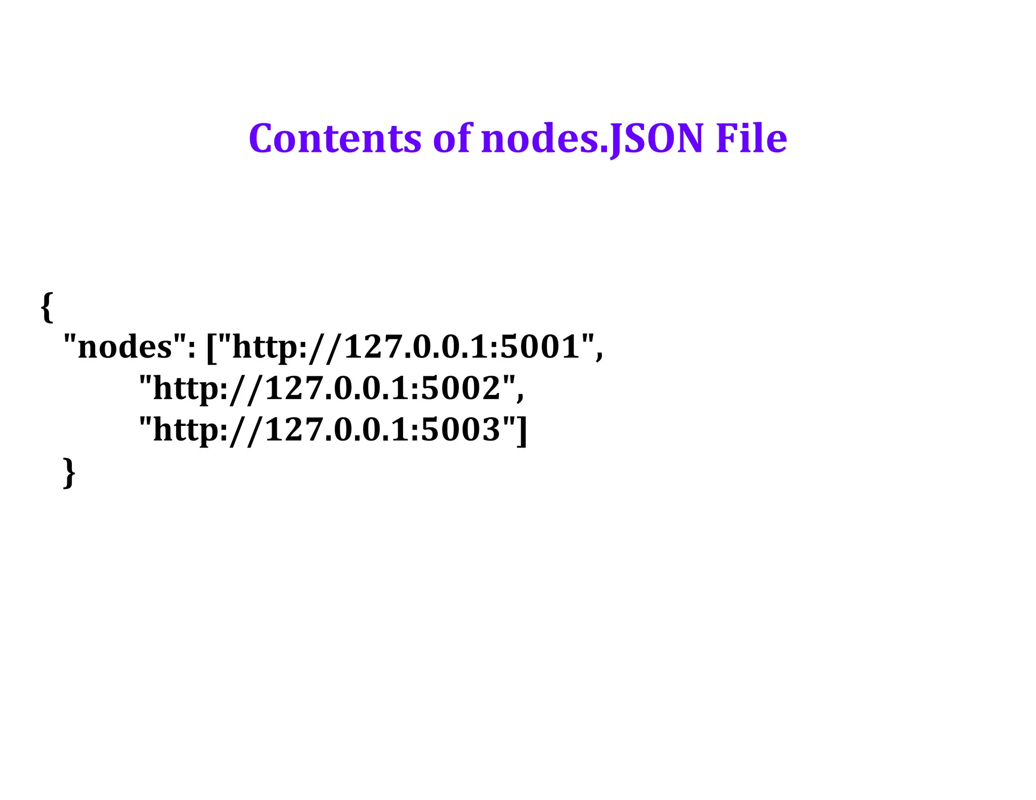 {
"nodes": ["http://127.0.0.1:5001",
"http://127.0.0.1:5002",
"http://127.0.0.1:5003"]
}
Contents of nodes.JSON File
 