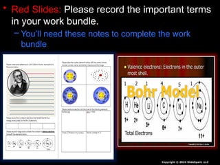 • Red Slides: Please record the important terms
in your work bundle.
– You’ll need these notes to complete the work
bundle
Copyright © 2024 SlideSpark .LLC
First and last Name
Science, Grade, Class
 