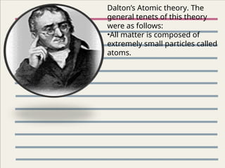Dalton’s Atomic theory. The
general tenets of this theory
were as follows:
•All matter is composed of
extremely small particles called
atoms.
 
