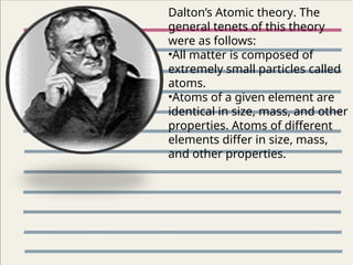 Dalton’s Atomic theory. The
general tenets of this theory
were as follows:
•All matter is composed of
extremely small particles called
atoms.
•Atoms of a given element are
identical in size, mass, and other
properties. Atoms of different
elements differ in size, mass,
and other properties.
 