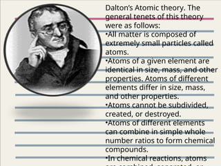 Dalton’s Atomic theory. The
general tenets of this theory
were as follows:
•All matter is composed of
extremely small particles called
atoms.
•Atoms of a given element are
identical in size, mass, and other
properties. Atoms of different
elements differ in size, mass,
and other properties.
•Atoms cannot be subdivided,
created, or destroyed.
•Atoms of different elements
can combine in simple whole
number ratios to form chemical
compounds.
•In chemical reactions, atoms
 