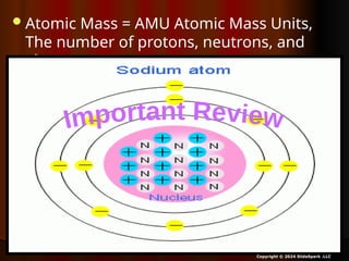 Atomic Mass = AMU Atomic Mass Units,
The number of protons, neutrons, and
electrons.
Copyright © 2024 SlideSpark .LLC
 