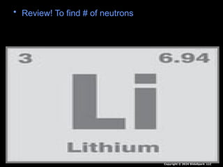 • Review! To find # of neutrons
Copyright © 2024 SlideSpark .LLC
 
