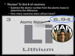 • Review! To find # of neutrons
– Subtract the atomic number from the atomic mass to
determine the difference.
– How many neutrons does Lithium have?
Atomic Mass
Copyright © 2024 SlideSpark .LLC
 