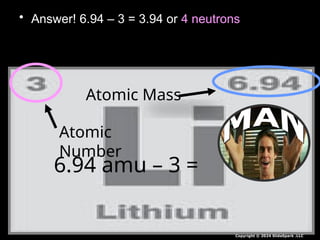• Answer! 6.94 – 3 = 3.94 or 4 neutrons
Atomic Mass
Atomic
Number
6.94 amu – 3 =
Copyright © 2024 SlideSpark .LLC
 