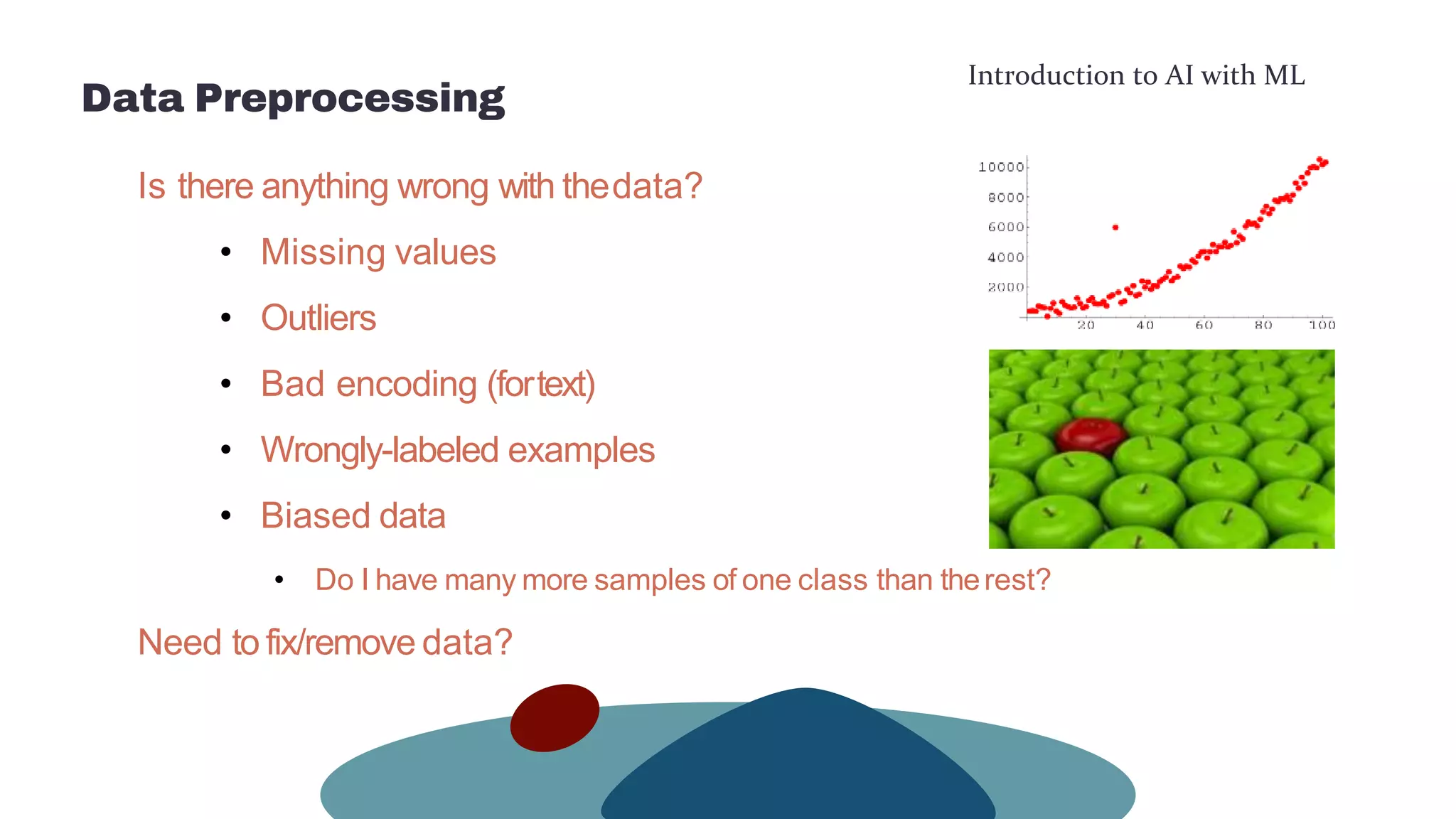 Introduction to AI with ML
Data Preprocessing
Is there anything wrong with thedata?
• Missing values
• Outliers
• Bad encoding (fortext)
• Wrongly-labeled examples
• Biased data
• Do I have many more samples of one class than therest?
Need to fix/remove data?
 