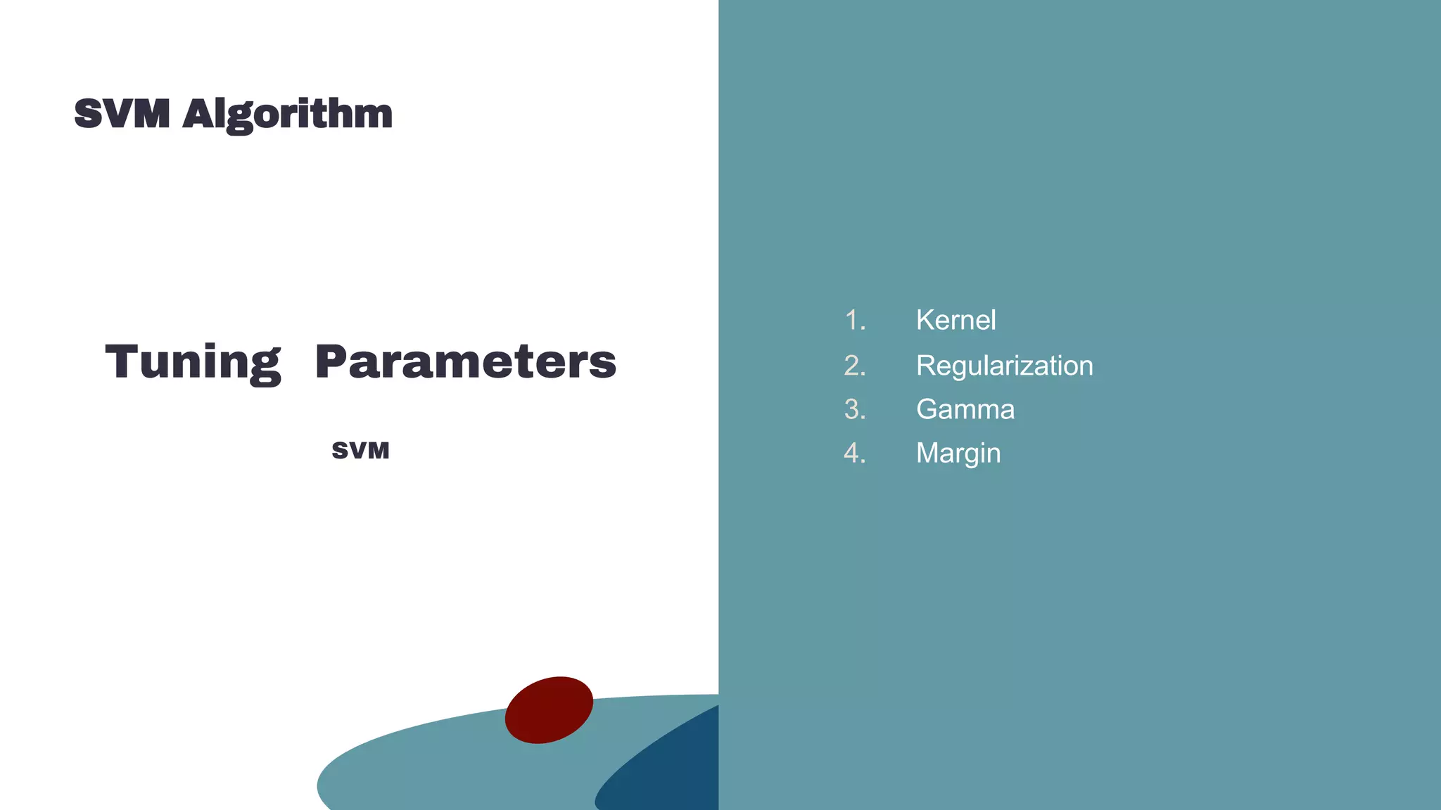 Introduction to AI with ML
SVM Algorithm
Tuning Parameters
SVM
1. Kernel
2. Regularization
3. Gamma
4. Margin
 