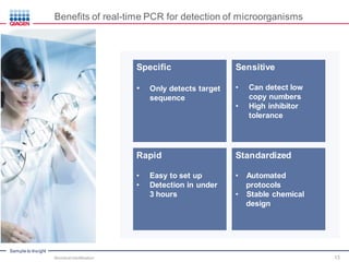 Sample to Insight
Specific
• Only detects target
sequence
Sensitive
• Can detect low
copy numbers
• High inhibitor
tolerance
Rapid
• Easy to set up
• Detection in under
3 hours
Standardized
• Automated
protocols
• Stable chemical
design
Benefits of real-time PCR for detection of microorganisms
Microbial Identification 13
 