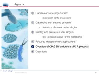 Sample to Insight
Agenda
Humans or superorganisms?
• Introduction to the microbiome
Cataloging our “second genome”
• Limitations of current methodologies
Identify and profile relevant targets
• How to design assays for the microbiome
Focused metagenomics applications
Overview of QIAGEN’s microbial qPCR products
Questions
Microbial Identification 39
1
2
3
4
5
6
 