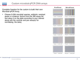 Sample to Insight
Custom microbial qPCR DNA arrays
Complete freedom for the custom to build their own
Microbial qPCR Array.
• Choose 8-384 microbial species, antibiotic resistant
genes or virulence factors from the 580 assay list
and place it on the plate according to your interest
along with the controls and pan assays( for
normalizing the data).
Microbial Identification 49
 