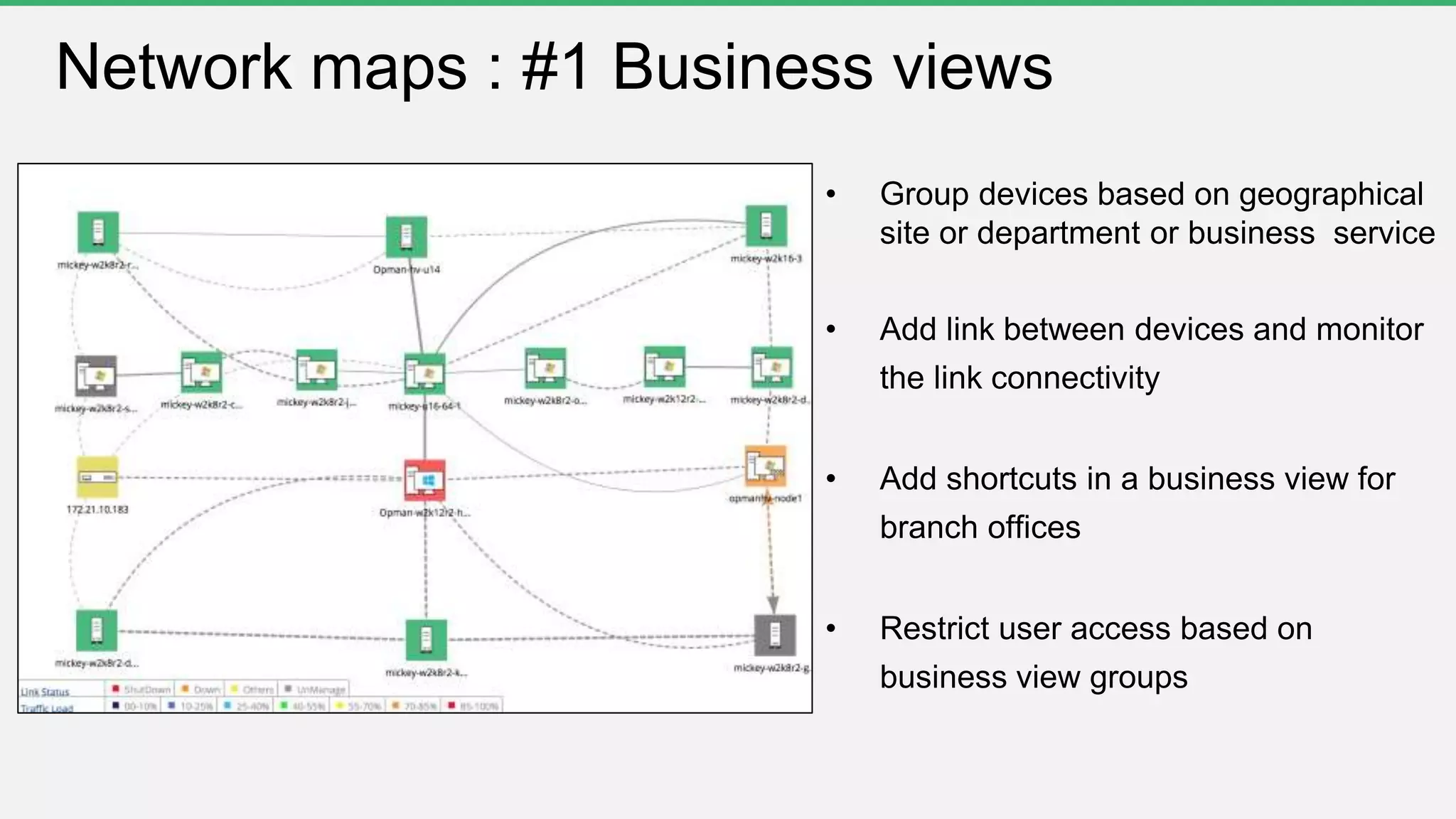 Network maps : #1 Business views
• Group devices based on geographical
site or department or business service
• Add link between devices and monitor
the link connectivity
• Add shortcuts in a business view for
branch offices
• Restrict user access based on
business view groups
 