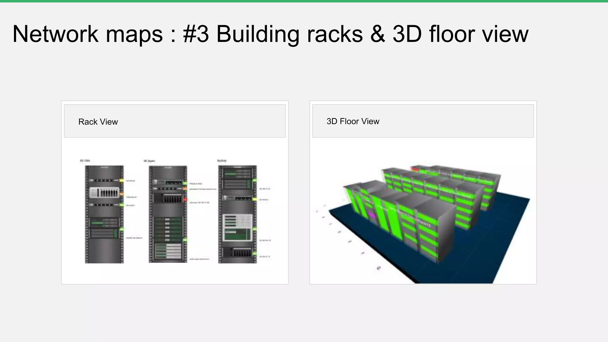 Network maps : #3 Building racks & 3D floor view
Rack View 3D Floor View
 