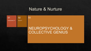 PERSONALITY
01
ACUITY
02
NEUROPSYCHOLOGY &
COLLECTIVE GENIUS
03
 