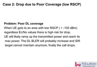Case 2: Drop due to Poor Coverage (low RSCP)
Problem: Poor DL coverage
When UE gets to an area with low RSCP ( < -105 dBm)
regardless Ec/No values there is high risk for drop.
UE will likely ramp up the transmitted power and reach its
max power. The DL BLER will probably increase and SIR
target cannot maintain anymore, finally the call drops.
 