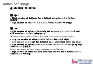 Active Set Usage
Filtering criteria:
Major
- High number of failures for a defined out-going adjs failure(
ADJS)
- high number of fail for a defined source failure WCEL( )
Minor
- high number of attempts in-comig and out-going for a defined pair
with occasional failure ping-pong( )
Filtering action are required to find bi-lateral corrispondence
- very low number of attempt with failure low used adjs( )
- zero number of attempt for declared adjs stabilized value no adjs– ( )
- high number of attempts with occsional failure for an out-going adjs
unbalanced ADJS( )
Either in-coming or out-going condition is sufficient
- high number of attempts with occsional failure for a defined source
unbalanced WCEL( )
 