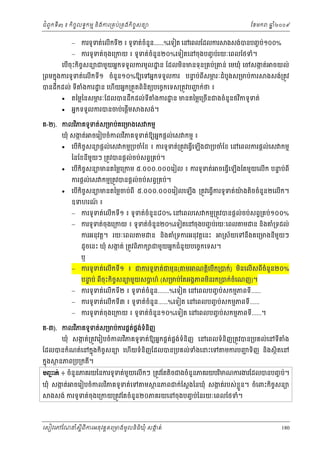 ំ
ជពូកទី៣ ៖ កចចលទធកមម និងករ្រគប់្រគងកិចចសនយ
ិ

ែខមក

 ករទូទត់េលើកទី២ ៖ ទូទត់ចំនួន.......%េទៀត េនេពលែដលករ

ឆ ំ២០០៩
ន

ងសង់បនបញច ប់១០០%

 ករទូទត់ចុងេ្រកយ ៖ ទូទត់ចំនួន២០%េទៀតេនចុងបញច ប់រយៈេពលែថទំ។
េបចុះកិចសនយជមួយអនកទទួលករមូល ្ឋ ន ែដលមនមនទុន្រគប់្រគន់ េមឃុំ េចសងត់ ចយល់
ច
ក
ើ
ិ

្រពមកនុងករទូ ទត់េលើកទី១ ចំនួន១០%ឱយេទអនកទទួលករ បនប់ពីសមរៈដំបូងស្រមប់ករ
ទ
ភ
បនដកដល់ ទី
ឹ



ងសង់្រតូវ

ងករ ្ឋ ន េហើយអនក្រតួតពិនិតយបេចចកេទស្រតូវបញក់ថ ៖
ំ
ជ

តៃម្លៃនសមរៈែដលបនដឹកដល់ទី
ភ

អនកទទួលករបនចប់េផ្ដម
ើ

ងករ ្ឋ ន មនតៃម្លេ្រចនជងចំនួនថវកទូទត់
ំ
ិ
ើ

ងសង់។

គ-២). កលវភគទូទត់ស្រមប់គេ្រមងេស កមម
ិ

ឃុំ សងត់ ចេរៀបចំកលវភគទូទត់ឱយអនកផ្ដល់េស កមម ៖
ក
ិ



េបកិចសនយផ្ដល់េស កមម្របចំែខ ៖ ករទូទត់្រតូវេធ្វើេឡើងជ្របចំែខ េនេពលករផ្ដល់េស កមម
ើ ច

ៃនែខនមយៗ ្រតូវបនផ្ដល់ចប់សព្វ្រគប់។
ី ួ



េបកិចសនយមនតៃម្លេ្រកម ៥.០០០.០០០េរៀល ៖ ករទូទត់
ើ ច
ករផ្ដល់េស កមម្រតូវបនផ្ដល់ចប់សព្វ្រគប់។



ចេធ្វេឡើងែតមួយេលើក បនប់ពី
ទ
ើ

េបកចសនយមនតៃម្លចប់ពី ៥.០០០.០០០េរៀលេឡង ្រតូវេធ្វករទូទត់យងតិចចំនួន២េលើក។
៉
ើ ិ ច
ើ
ើ

ឧទហរណ ៖
៍

 ករទូទត់េលើកទី១ ៖ ទូទត់ចំនួន៨០% េនេពលេស កមម្រតូវបនផ្ដល់ចប់សព្វ្រគប់១០០%

 ករទូទត់ចុងេ្រកយ ៖ ទូទត់ចំនួន២០%េទៀតេនចុងបញច ប់រយៈេពល ម ន និងគំ្រទដល់
ករអនុវត្ដ។ រយៈេពល

ម

ន នងគំ្រទករអនុវត្ដេនះ
ិ

ដូចេនះ ឃុំ សងត់ ្រតូវពិភក ជមួយអនកជំនួយបេចចកេទស។
ក

្រស័យេទនឹងគេ្រមងនីមយៗ
ួ

ឬ

 ករទូទត់េលើកទ១ ៖ ជករទូទត់ជមុន( ម ណត្ដេបក្របក់) មនេលើសពចំនួន២០%
ី
ិ ើ
ិ
ី
បនប់ ពចុះកិចសនយមួយសបហ៍ (ស្រមប់ែតអងគភពមនរក្របក់ចំេណញ)។
ទ
ច
្ដ
ី
ិ

 ករទូទត់េលើកទី២ ៖ ទូទត់ចំនួន.......%េទៀត េនេពលបញច ប់សកមមភពទី......
 ករទូទត់េលើកទី៣ ៖ ទូទត់ចំនួន......%េទៀត េនេពលបញច ប់សកមមភពទី......

 ករទូទត់ចុងេ្រកយ ៖ ទូទត់ចំនួន១០%េទៀត េនេពលបញច ប់សកមមភពទី......។
គ-៣). កលវភគទូទត់ស្រមប់ករផគតផងទនញ
់ គ ់ ំ ិ
ិ

ឃុំ សងត់្រតូវេរៀបចំកលវភគទូទត់ឱយអនកផគតផងទំនិញ េនេពលទំនិញ្រតូវបន្របគល់េនទី
ក
់ គ ់
ិ

ែដលបនកំណត់េនកនុងកិចសនយ េហយទំនិញែដលបន្របគល់ទងេនះេទ
ច
ំ
ើ

កនុង

ថ នភព្រប្រកត។
ី

ង
ំ

មករបញទិញ នងសថិតេន
ជ
ិ

ĠŔ˝с ៖ ចំនួនភគរយៃនករទូទត់មយេលើកៗ ្រតូវែតតិចជងចំនួនភគរយបរមណករងរែដលបនបញច ប់។
ą
ួ
ិ
ឃុំ សងត់ ចេរៀបចំកលវភគទូទត់េទ
ក
ិ

ម

ថ នភពជក់ែស្ដងៃនឃុំ សងត់របស់ខួ ន។ ចំេពះកចសនយ
ក
្ល
ិ ច

ងសង់ ករទូទត់ចុងេ្រកយ្រតូវែតចំនួន២០ភគរយេនចុងបញច ប់ៃនរយៈេពលែថទំ។

េសៀវេភែណន ំសីពីករអនុ វត្តគេ្រមងមូ លនិធឃុ ំ សងត់
្ត
ក
ិ

180

 
