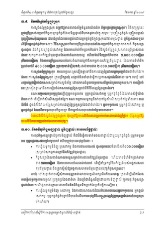 ំ
ជពូកទី៣ ៖ កចចលទធកមម និងករ្រគប់្រគងកិចចសនយ
ិ

ែខមក

ឆ ំ២០០៩
ន

ងតៃម្លចំនួន៣យងតច ពអនកផគតផគងកុ ង្រសុក។ វធី
៉
់ ់ ន
ិ
ិ
ី

្រស្ដេនះ

ư.៩. ĕБតិវិĊБ₤Ā₣сĳаņų˝ĖО₣Ū₤О˝
ករសទងតៃម្លកុ ង្រសុក ត្រមូវឱយមន
់
ន

់ គ
្ល
ងនូវ ល់វតថុ សមរៈ ឬេ្រគ ងផគតផង់ េ្រគ ងបនស់
ភ

្រតូវេ្រប្របស់ស្រមប់កចសនយផគតផងែដលទិញផល់ពី
់ គ ់
ទ
ើ
ិ ច
ឬេ្រគ ងមសុី នតូច ច នងបរករែដល ចផ្ដល់េ
៉
ិ
ិ ខ

សិទិៃនអនកផគតផងបរេទស។ វធី
ធ
់ គ ់
ិ

យអនកផគតផគងកុ ង្រសុកេន មមូល ្ឋ ន ឬក៏ភក់ងរទទួល
់ ់ ន
ន

្រស្ដេនះក៏ ចេ្រប្របស់បនផងែដរស្រមប់កិចចសនយ
ើ

ជួសជុ ល នងកិចសនយផ្ដល់េស កមម ែដលមនទំហំទឹក្របក់មនធំ។ វធីសទងតៃម្លកុ នង្រសុក
ច
់
ិ
ិ
ិ
ចំេពះសកមមភពអភវឌ ន៍មូល ្ឋ នែដលជចំ
ិ
(ពរ
ី

នេរៀល) នង
ិ

ចេ្របើ្របស់បនចំេពះចំ

ងសង់ កចសនយ
ិ ច
ចេ្រប្របស់បន
ើ

យចរន្ដ េហយទំហំទក្របក់តិចជង ២.០០០.០០០េរៀល
ើ
ឹ
យេ្រកពសកមមភពអភវឌ ន៍មូល ្ឋ ន ែដលមនទំហំទក
ឹ
ី
ិ

្របក់ចប់ពី ៤០០.០០០េរៀល (បួនរយពន់េរៀលគត់) ដល់ទបជង ២.០០០.០០០េរៀល (ពរ
ី
ករសទងតៃម្លកុ នង្រសុក មនលកខណៈ្រសេដៀងគេទនឹងករេដញៃថ្លេ
់
ន

នេរៀល)។

យ្របកួត្របែជងជចំហែដរ។

ចំេពះករសទងតៃម្លកុ នង្រសុក ្រកុម្របឹក ឃុំ សងត់មនចំបច់េធ្វើករ្របកសជូ នដំណងេនះេទ។ េមឃុំ េច
់
ក
ិ
ឹ

សងត់្រតូវេរៀបចំឯក
ក

រស្រមប់ករសទងតៃម្ល េ
់

េនះ្រសេដៀងគេទនឹងករេរៀបចំឯក
ន

ំ
យមនជនួយបេចចកេទសពីអកជំនួយបេចចកេទស។ ករេរៀបចំ
ន

រេដញៃថ្លស្រមប់នីតិវធីេដញៃថ្លធមម
ិ

ែដរ។

់ ់
៉
គណៈកមមករលទធកមម្រតូវអេញជ ើ ញអនកទទួលករ ឬអនកផ្ដល់េស កមម ឬអនកផគតផគងែដលមនសិទិធយង

តច៣នក់ េដមប ី ក់សំេណស្រមង់តៃម្ល។ គណៈកមមករលទធកមមនង យតៃម្លសំេណស្រមង់តៃម្លទងេនះ
ំ
ើ
ិ
ើ
ឹ
ើ

ម

នតវធី ដូចនីតិវធី យតៃម្លស្រមប់ករេដញៃថ្ល្របកួត្របែជងជចំហែដរ។ អនកទទួលករ ឬអនកផ្ដល់េស កមម ឬ
ិ
ី ិ ិ
អនកផគតផង់ ែដលនឹងទទួលបនកិចសនយ គឺជអនកែដលបន
់ គ
ច

ក់តៃម្លទបជងេគ។

ចំេពះនីតិវធីសទងតៃម្លកុ នង្រសុក ពុំត្រមូវឱយមនលិខិតធន្របក់កក់ធនករេដញៃថ្លេទ ប៉ុែន្តត្រមូវឱយ
់
ិ

មនលិខតធន្របក់កក់ធនករអនុវត្ត។
ិ

ư.ơƠ. ĕБតិវិĊБşНй˝ЊşĆ₤ĕŜĬŲс ι◦ЊŀĬŲс (ŁũşũČаℓųĬŲс)
Ā
Ā
Ā
ករចុះកចសនយផល់ឬករទញផល់ គជវធេធ្វករទក់ទងចរចផល់ជមួយអនកផគតផគង់ ឬអនកទទួល
ទ
ទ
ទ
់
ិ ី ើ
ិ ច
ិ
ឺ

ករ ឬអនកផ្ដល់េស កមមែតមួយគត់ េហយ្រតូវបនអនុវត្ដចំេពះ ៖
ើ


ករេធ្វលទធកមមទំនិញុ ឬេស កមម និងករងរ
ើ

(ស្រមប់សកមមភពេ្រកពីអភវឌ ន៍មូល ្ឋ ន)
ិ



កចសនយែដលជចំ
ិ ច
ជង២

ងសង់ ជួសជុលេនះមនេលើសពី៤០០.០០០េរៀល
ិ

យចរន្ដស្រមប់ករងរអភវឌ ន៍មូល ្ឋ ន
ិ

នេរៀល នងមនេគលបំណងជក់
ិ

េហើយមនទំហំទឹក្របក់ទប

ក់ េដមបគ្រទកមមវធីអភវឌ ន៍របស់អងគករសហ
ើ ី ំ
ិ
ិ

គមន៍មូល ្ឋ ន នង្រតូវេសនើសុំឱយអងគករសហគមន៍មូល ្ឋ នអនុវត្ដកចចសនយេនះ។
ិ
ឹ

េមឃុំ េចសងត់ ចេសនើសុំករអនុញតជ
ក
ញ

ករេធ្វលទធកមម
ើ

មលកខណៈ្របកួត្របែជងជចំហ នងេ្របើជជំនួសវញេ
ិ
ិ

ផល់ចំេពះករណដូចខងេ្រកម េ
ទ
ី


យលកខណអក រពអភបលេខត្ដ ្រកុងេដមបេលើកែលង
៍
ើ ី
ី ិ

យករទិញផល់ ឬករចុះកិចសនយ
ទ
ច

យមនគិតពីចំនួនទឹក្របក់ៃន្របតិបត្ដិករេឡើយ ៖
ិ

ករេធ្វលទធកមមទំនិញ េស កមម និងករងរ
ើ

ងសង់ែដលមន
ិ

េស កមម ឬអនកផគតផគងបនប់ពីបនដំេណរករអនុវត្ដវធី
់ ់ ទ
ិ
ើ

ចរកបនអនកទទួលករ អនកផ្ដល់

្រស្ដេដញៃថ្ល្របគួត្របែជងជចំហម្ដងរួច

មកេហយ។
ើ

េសៀវេភែណន ំសីពីករអនុ វត្តគេ្រមងមូ លនិធឃុ ំ សងត់
្ត
ក
ិ

215

 