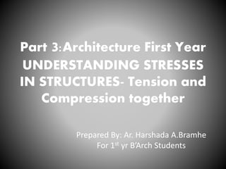 Part 3:Architecture First Year
UNDERSTANDING STRESSES
IN STRUCTURES- Tension and
Compression together
Prepared By: Ar. Harshada A.Bramhe
For 1st yr B’Arch Students
 