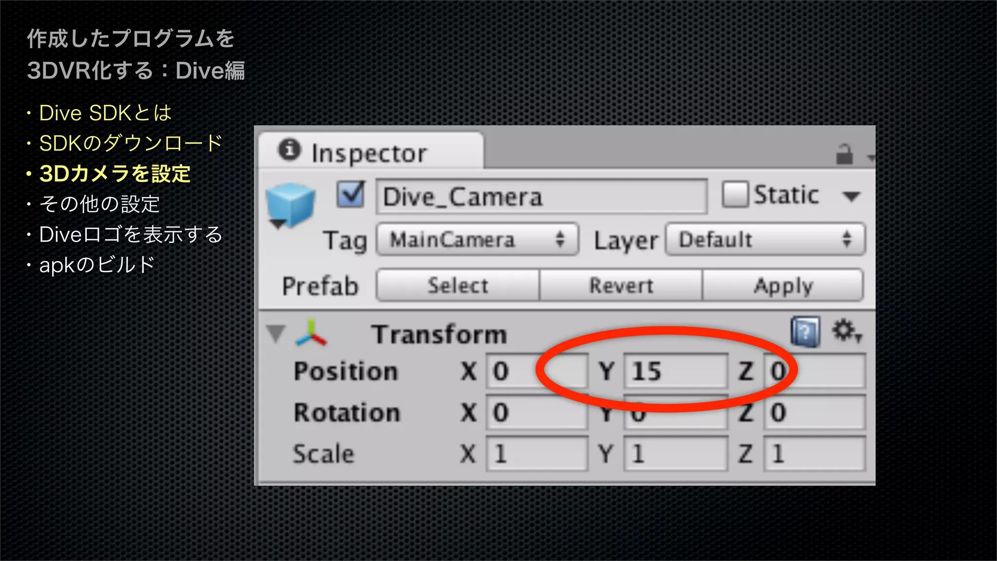 ・Dive SDKとは
・SDKのダウンロード
・3Dカメラを設定
・その他の設定
・Diveロゴを表示する
・apkのビルド
作成したプログラムを
3DVR化する：Dive編
 