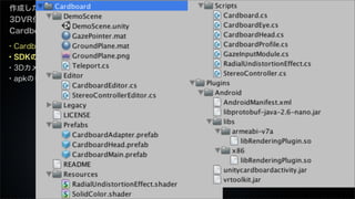 ・Cardboard SDKとは
・SDKのダウンロード
・3Dカメラを設定
・apkのビルド
作成したプログラムを
3DVR化する：
Cardboard編
 