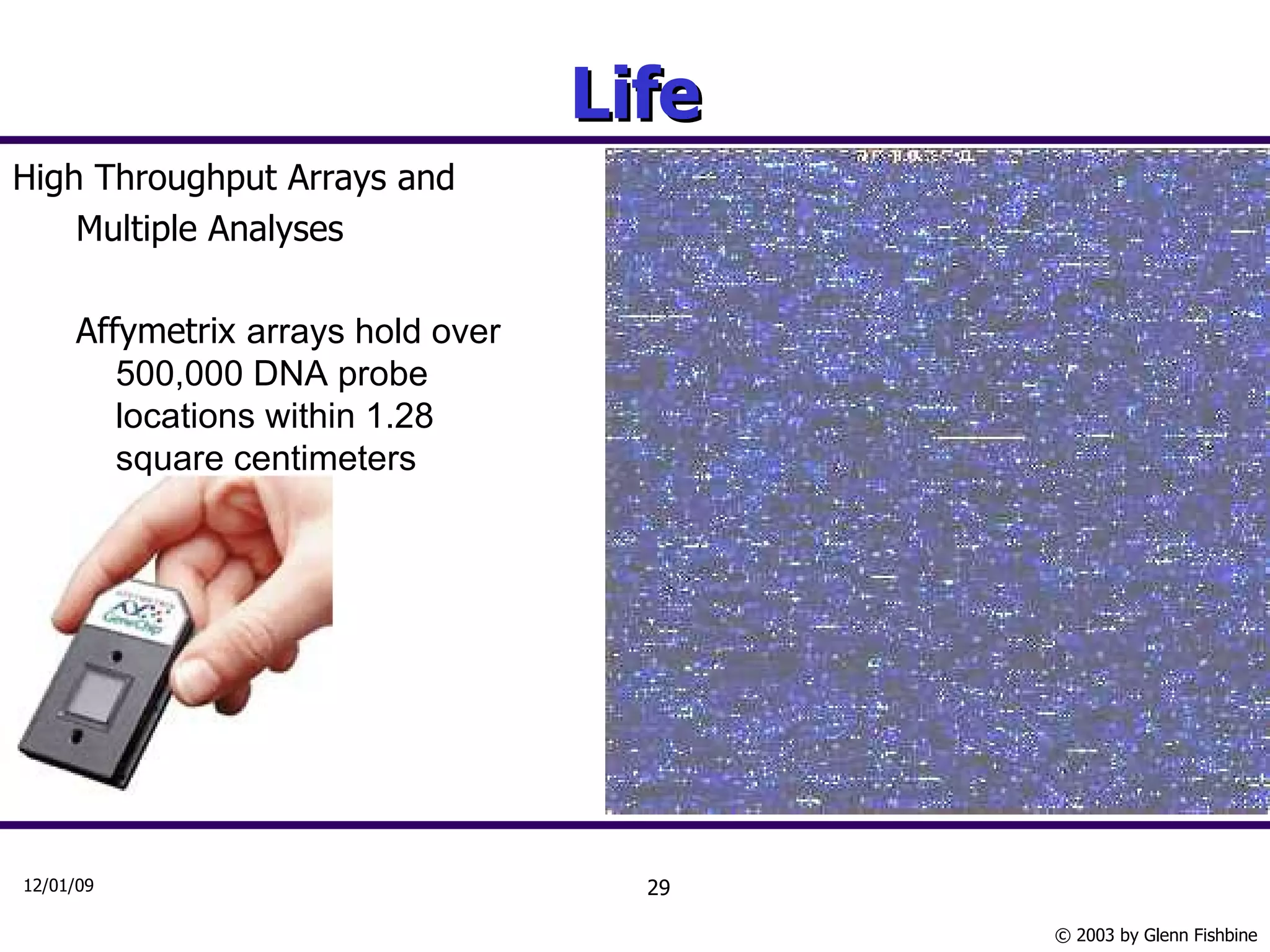 Life High Throughput Arrays and Multiple Analyses Affymetrix  arrays hold over 500,000 DNA probe locations within 1.28 square centimeters 