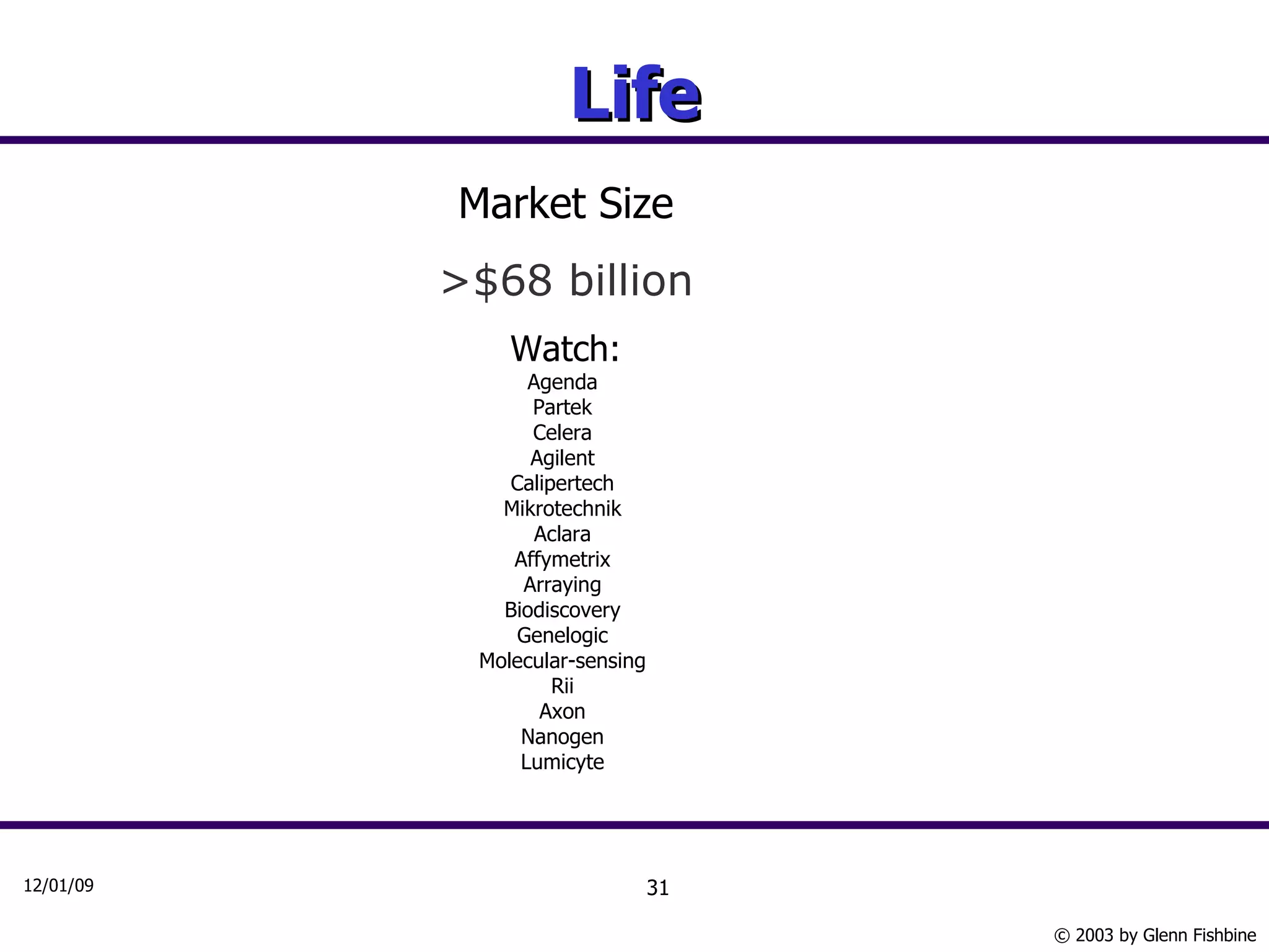 Life Market Size >$68 billion Watch: Agenda  Partek  Celera  Agilent  Calipertech  Mikrotechnik  Aclara  Affymetrix  Arraying  Biodiscovery  Genelogic  Molecular-sensing  Rii  Axon  Nanogen  Lumicyte  