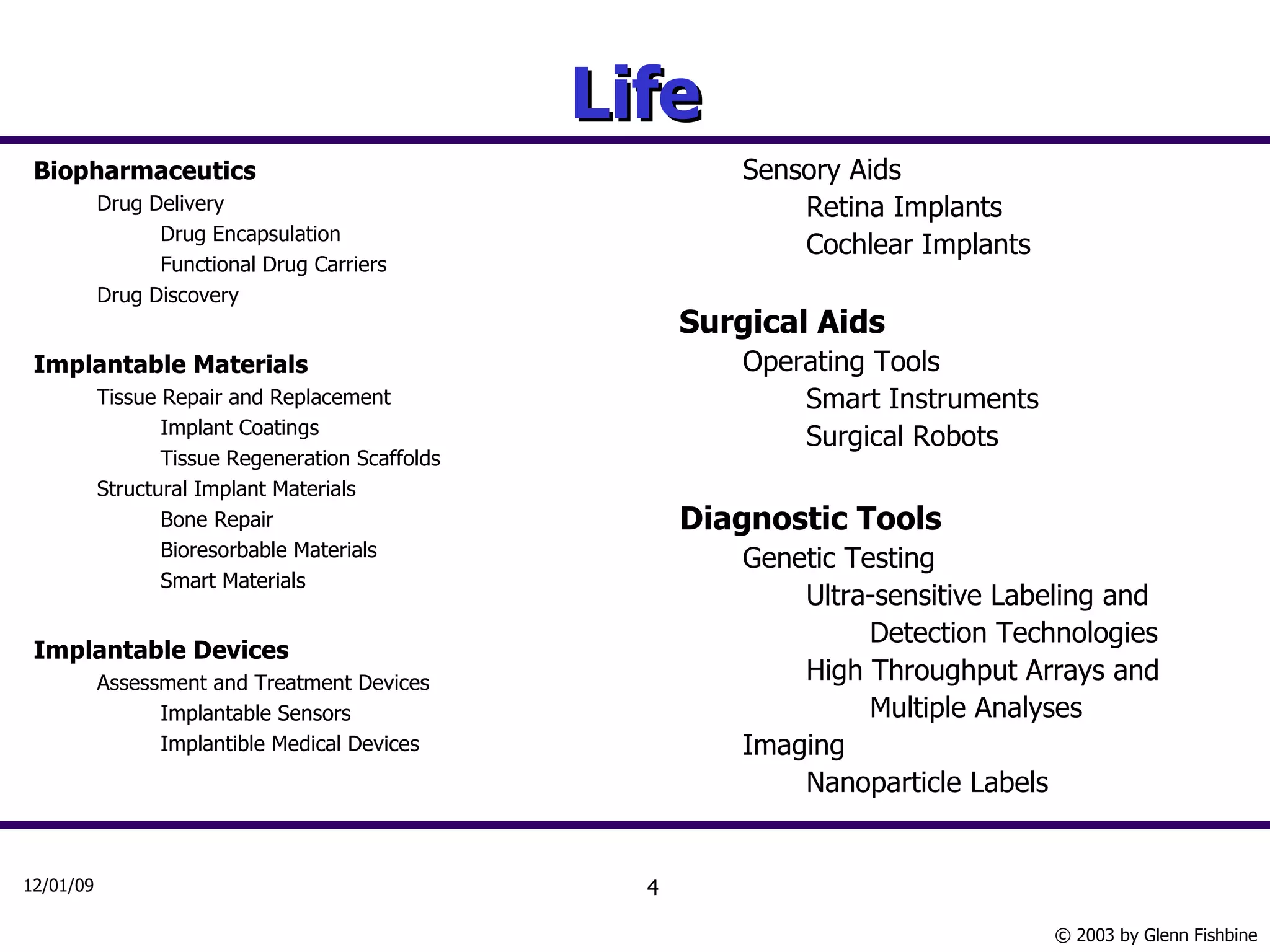 Life Biopharmaceutics Drug Delivery Drug Encapsulation Functional Drug Carriers Drug Discovery Implantable Materials Tissue Repair and Replacement Implant Coatings Tissue Regeneration Scaffolds Structural Implant Materials Bone Repair Bioresorbable Materials Smart Materials Implantable Devices Assessment and Treatment Devices Implantable Sensors Implantible Medical Devices Sensory Aids Retina Implants Cochlear Implants Surgical Aids Operating Tools Smart Instruments Surgical Robots Diagnostic Tools Genetic Testing Ultra-sensitive Labeling and Detection Technologies High Throughput Arrays and Multiple Analyses Imaging Nanoparticle Labels 