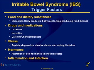 F. Shammas / 04
• Food and dietary substances
• Chocolate, Dairy products, Fatty meals, Gas-producing food (beans)
• Drugs and medications
• Laxatives
• Narcotics
• Calcium Channel Blockers
• Stress
• Anxiety, depression, alcohol abuse, and eating disorders
• Hormones
• Alteration of sex hormones (menstrual cycle)
• Inflammation and Infection
Irritable Bowel Syndrome (IBS)
Trigger Factors
 