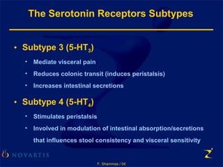 F. Shammas / 04
The Serotonin Receptors Subtypes
• Subtype 3 (5-HT3)
• Mediate visceral pain
• Reduces colonic transit (induces peristalsis)
• Increases intestinal secretions
• Subtype 4 (5-HT4)
• Stimulates peristalsis
• Involved in modulation of intestinal absorption/secretions
that influences stool consistency and visceral sensitivity
 
