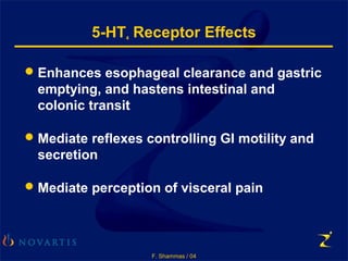 F. Shammas / 04
5-HT4 Receptor Effects
Enhances esophageal clearance and gastric
emptying, and hastens intestinal and
colonic transit
Mediate reflexes controlling GI motility and
secretion
Mediate perception of visceral pain
 