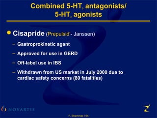 F. Shammas / 04
Combined 5-HT3 antagonists/
5-HT4 agonists
Cisapride (Prepulsid®
- Janssen)
– Gastroprokinetic agent
– Approved for use in GERD
– Off-label use in IBS
– Withdrawn from US market in July 2000 due to
cardiac safety concerns (80 fatalities)
 