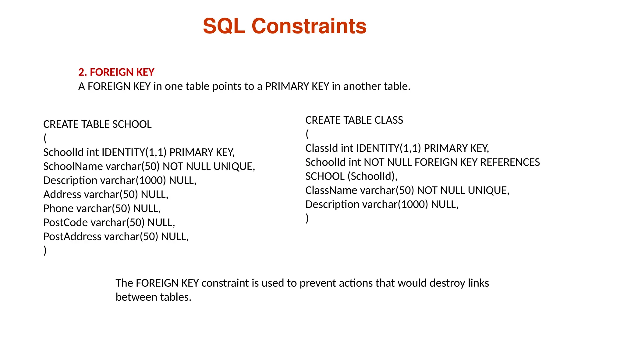 CREATE TABLE SCHOOL
(
SchoolId int IDENTITY(1,1) PRIMARY KEY,
SchoolName varchar(50) NOT NULL UNIQUE,
Description varchar(1000) NULL,
Address varchar(50) NULL,
Phone varchar(50) NULL,
PostCode varchar(50) NULL,
PostAddress varchar(50) NULL,
)
SQL Constraints
2. FOREIGN KEY
A FOREIGN KEY in one table points to a PRIMARY KEY in another table.
The FOREIGN KEY constraint is used to prevent actions that would destroy links
between tables.
CREATE TABLE CLASS
(
ClassId int IDENTITY(1,1) PRIMARY KEY,
SchoolId int NOT NULL FOREIGN KEY REFERENCES
SCHOOL (SchoolId),
ClassName varchar(50) NOT NULL UNIQUE,
Description varchar(1000) NULL,
)
 