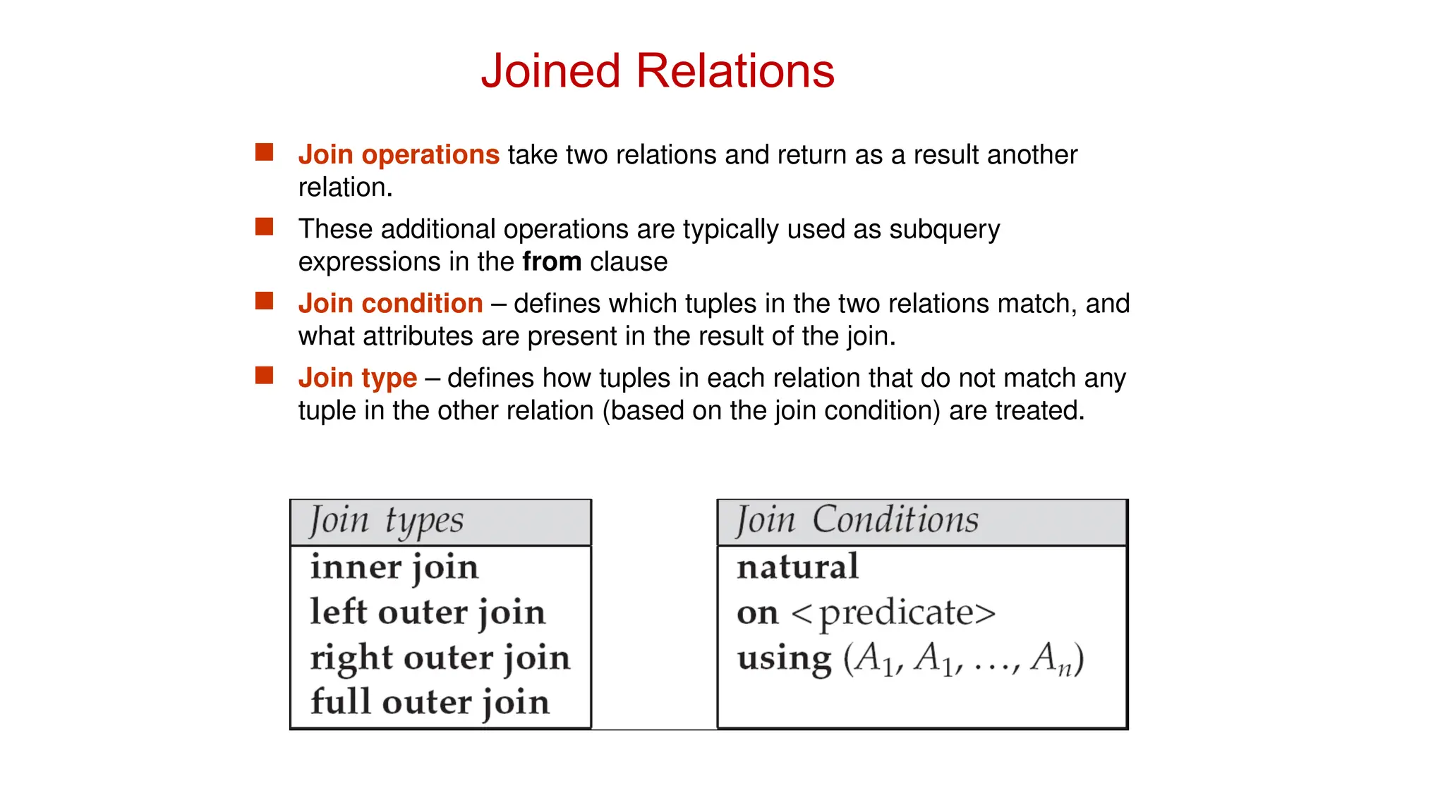 Joined Relations
 Join operations take two relations and return as a result another
relation.
 These additional operations are typically used as subquery
expressions in the from clause
 Join condition – defines which tuples in the two relations match, and
what attributes are present in the result of the join.
 Join type – defines how tuples in each relation that do not match any
tuple in the other relation (based on the join condition) are treated.
 
